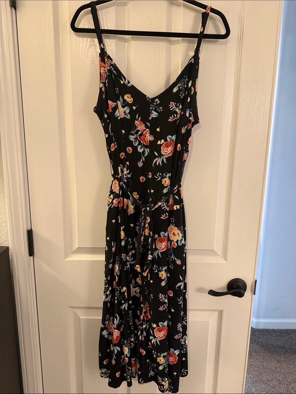 Torrid midi sun dress with adjustable straps and a removable self-tie belt.